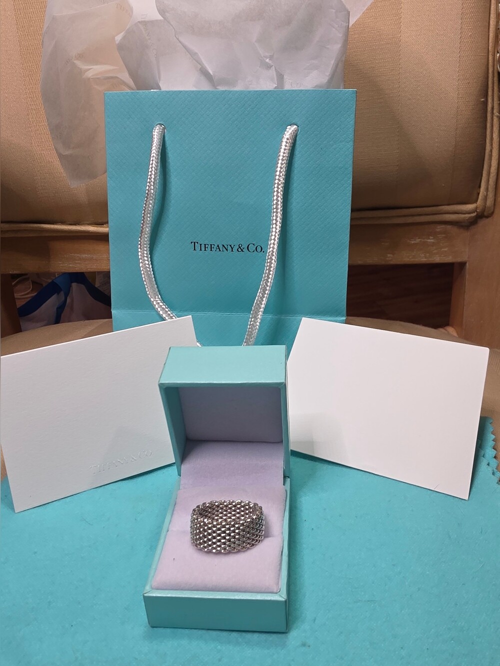 AUTHENTIC TIFFANY & CO SILVER SUMMERSET MESH RING SZ 7  COMES WITH ALL SHOWN